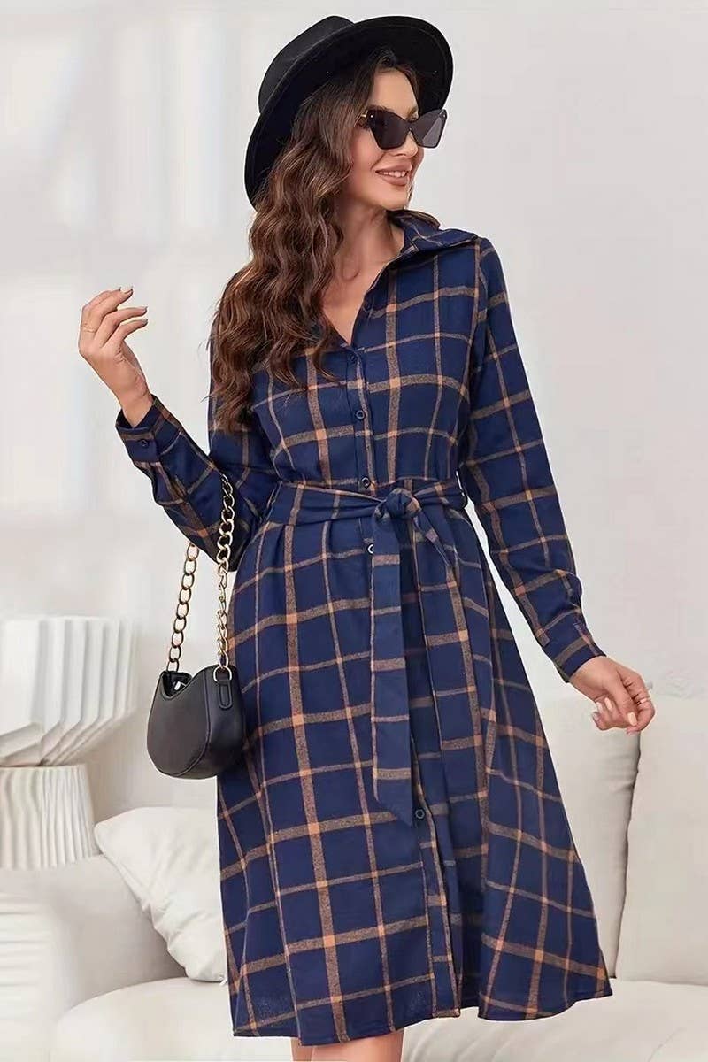 CWTDSL0125_PLAID LONG SLEEVE BELTED MIDI SHIRT DRESS