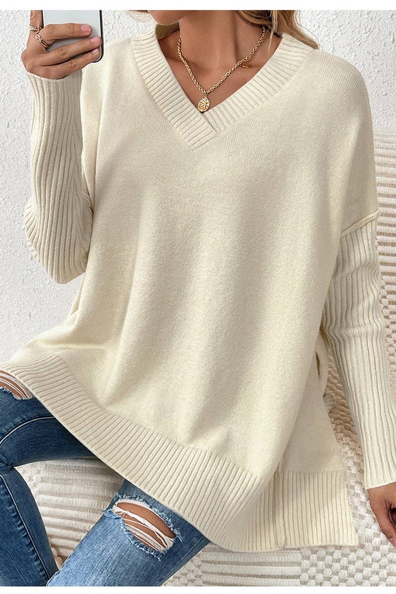 CWOCAL0805_V-NECK LOOSE STITCHING LONG-SLEEVED SWEATER