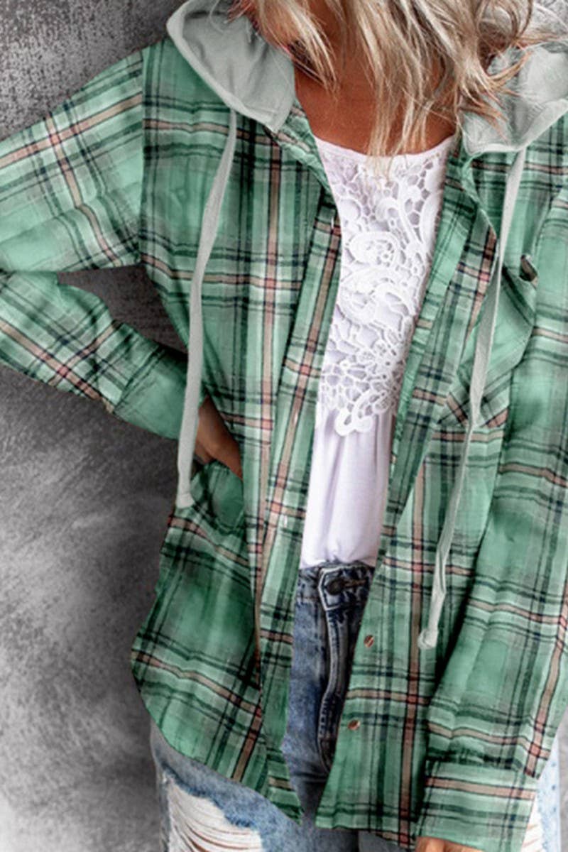 CWOCO1101_CASUAL HOODED COLORBLOCK PLAID SHIRT COAT