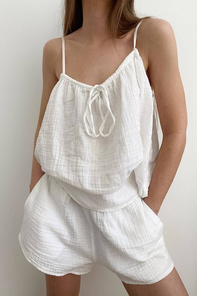 CWSPJ0050_SOLID COLOR COTTON HALTER  SHORTS PAJAMA SET