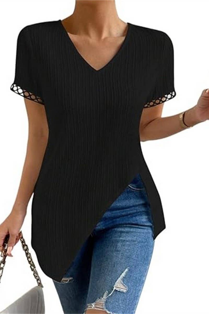 CWTBLS1360_SOLID COLOR LACE V-NECK SHORT-SLEEVED TOP