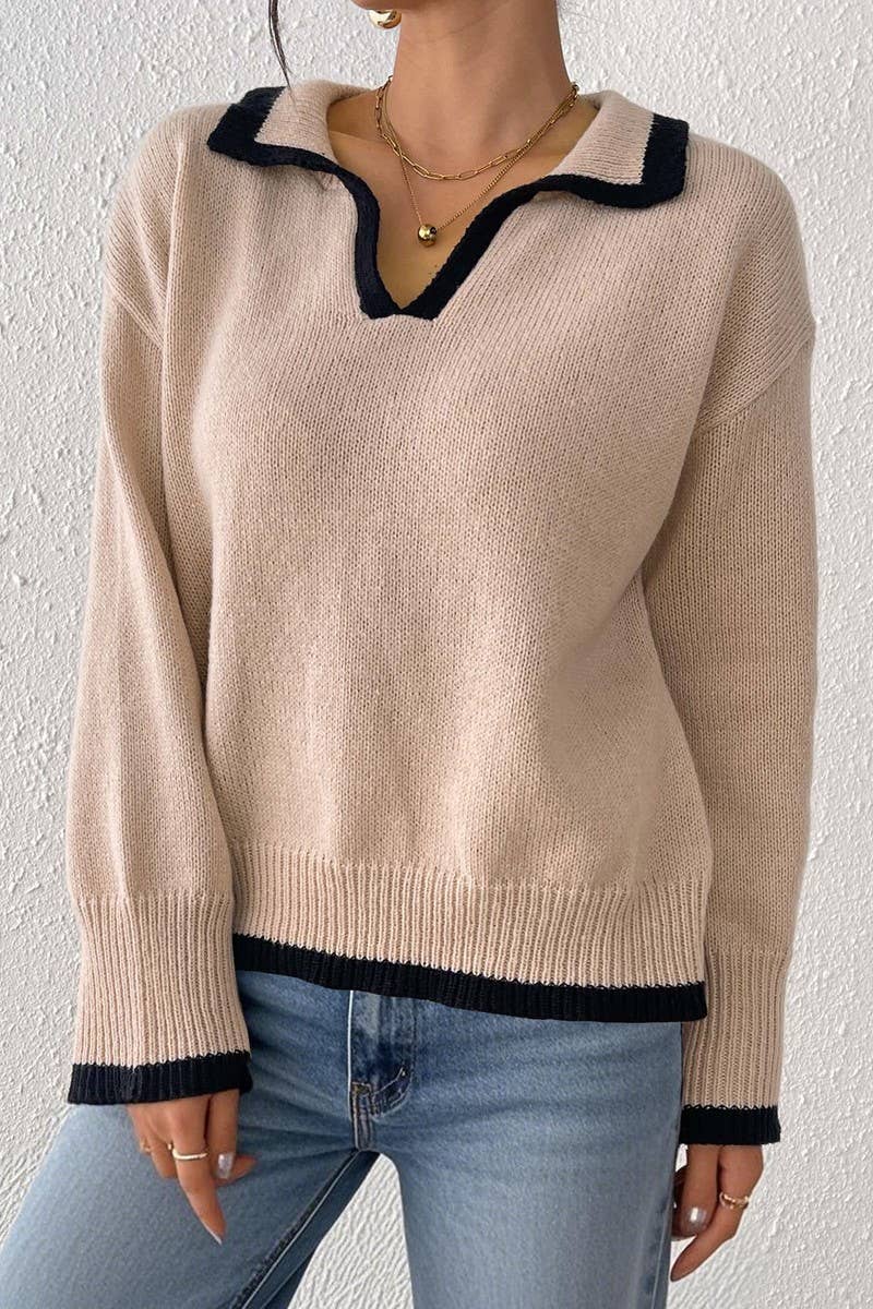 CWTTT00018_WOMEN COLOR BLOCK POLO COLLAR KNIT PULLOVER
