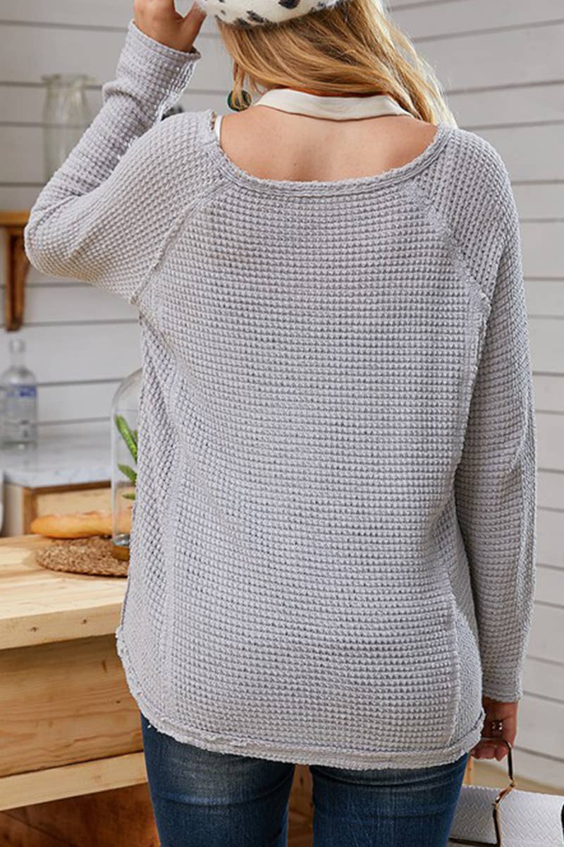 CWTTL1091_LONG SLEEVE V NECK WAFFLE KNIT TOP