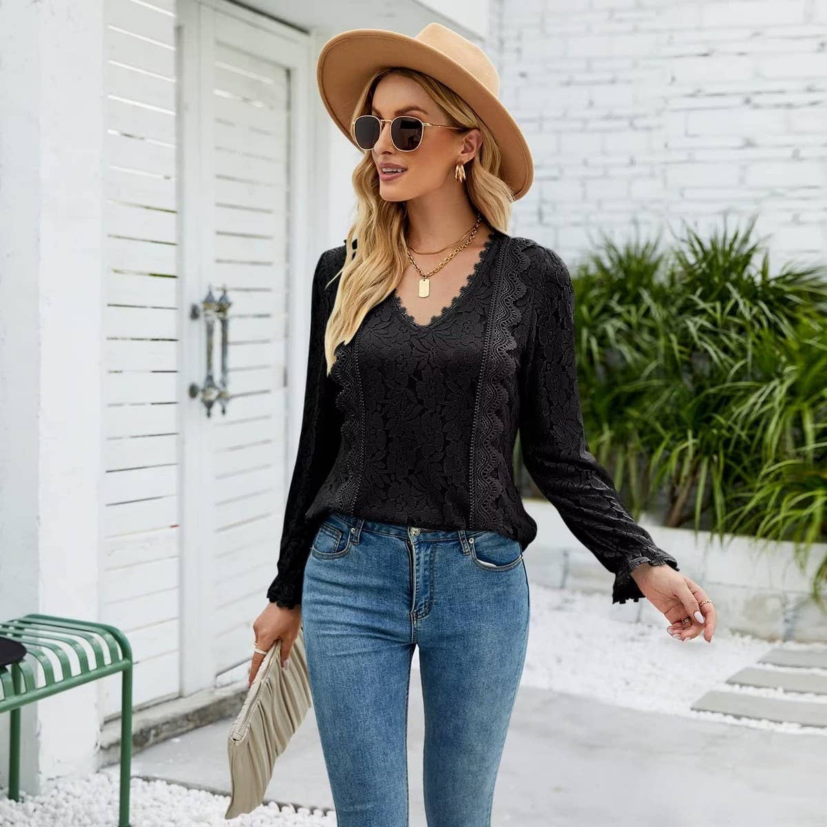 Cut-out lace sexy long sleeve lace top