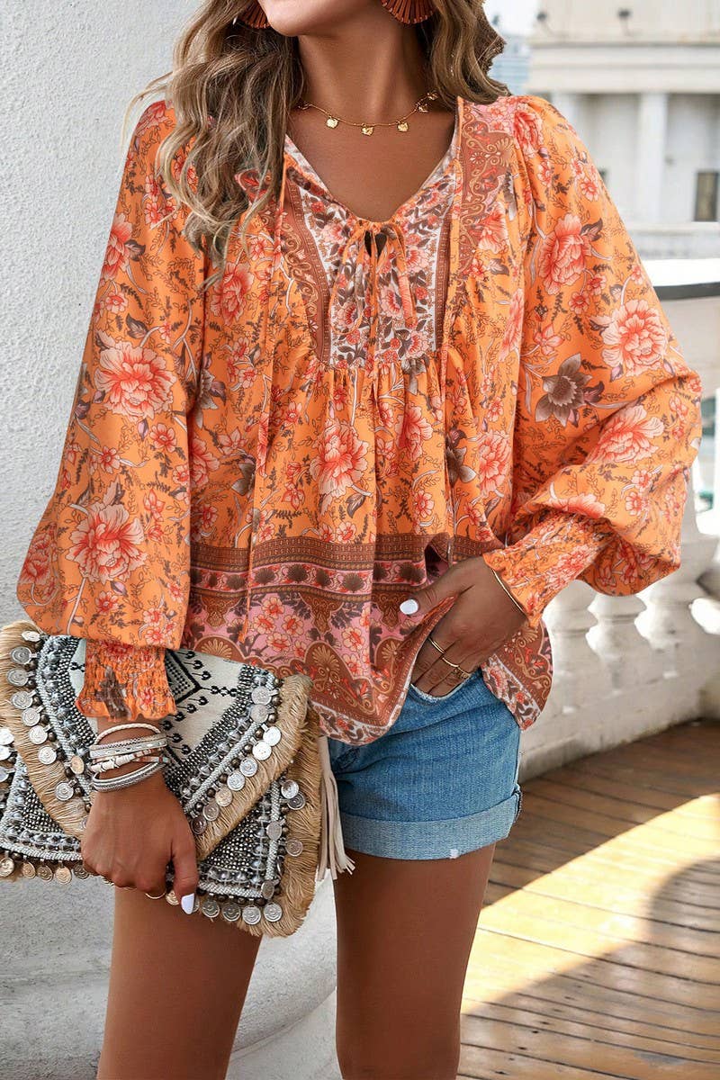CWTBLL3942_BOHO V-NECK TIE FRONT PRINTED LONG SLEEVE BLOUSE