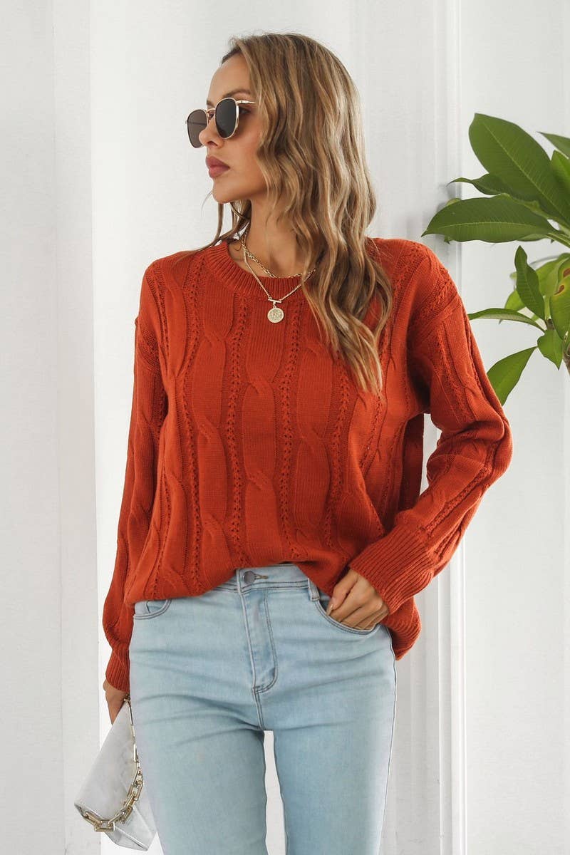 CWOSWL4083_CABLE KNITTED LONG SLEEVES CREWNECK SWEATER