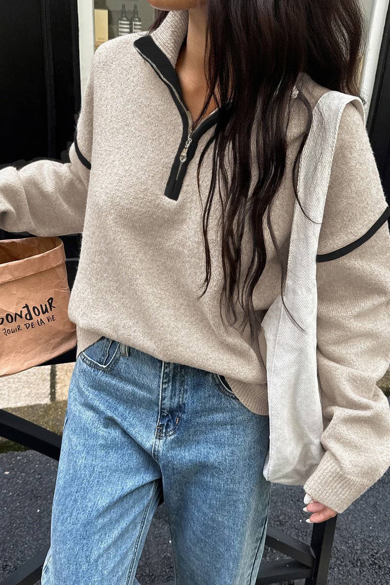 CWOSWL07487_CASUAL SIMPLE SOLID LONG SLEEVE ZIP SWEATER