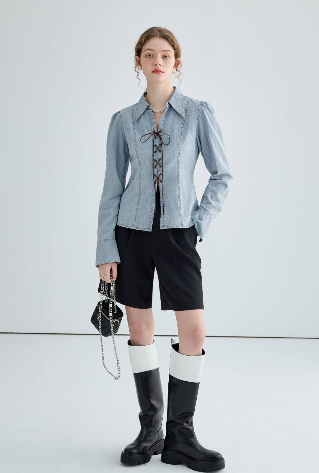 DESIGN LACE-UP LONG SLEEVE SLIT WAIST DENIM SHIRT