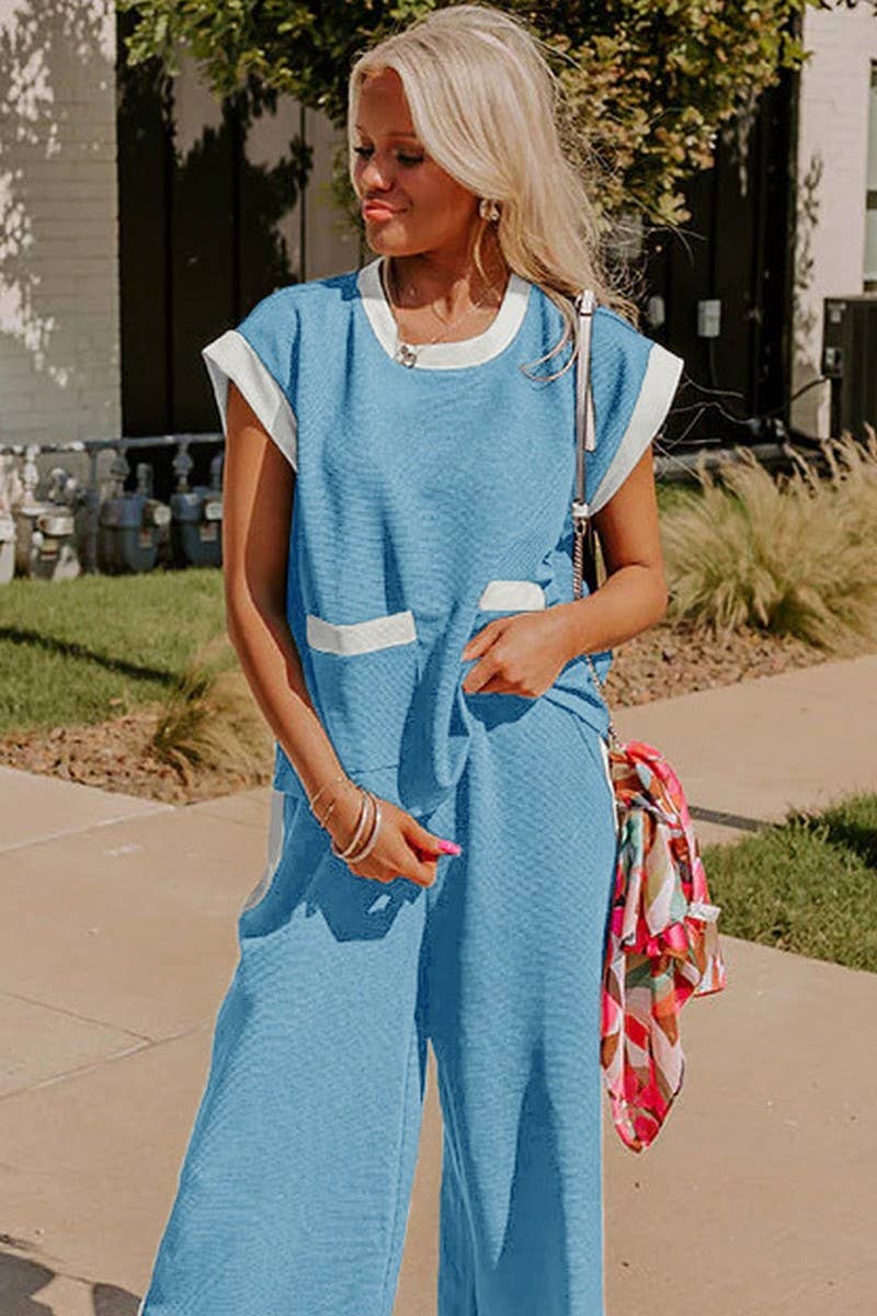 CWSTB1794_COLOR BLOCK ROUND NECK LOOSE FIT TWO-PIECE SET