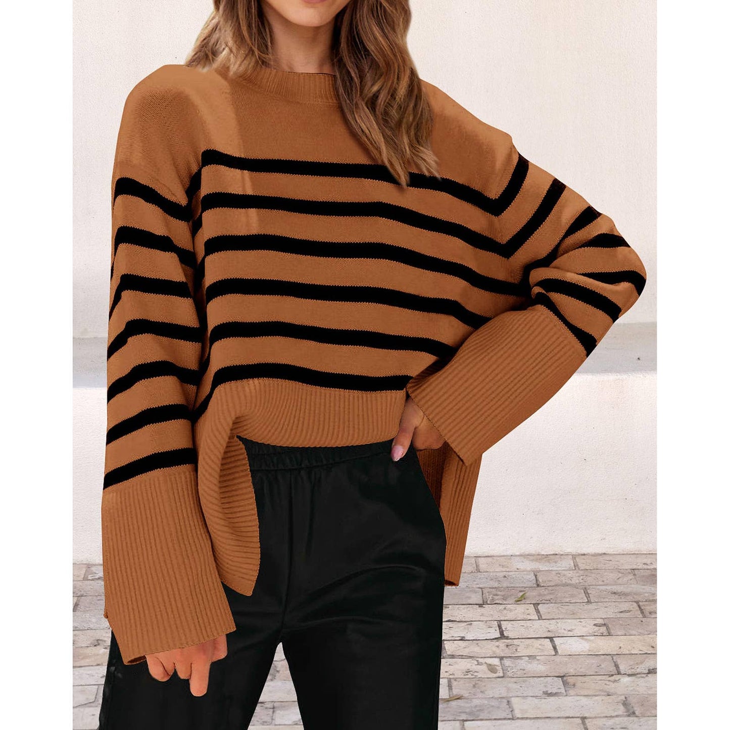 Crew-neck loose striped sweater with fat sleeves