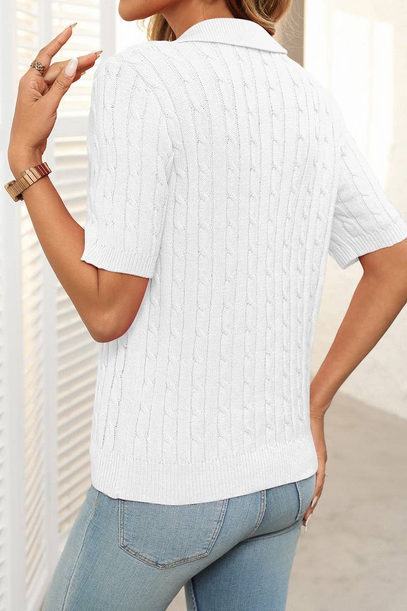 CWOSWS0127_V-NECK LAPEL CABLE-KNIT SHORT-SLEEVED PULLOVER