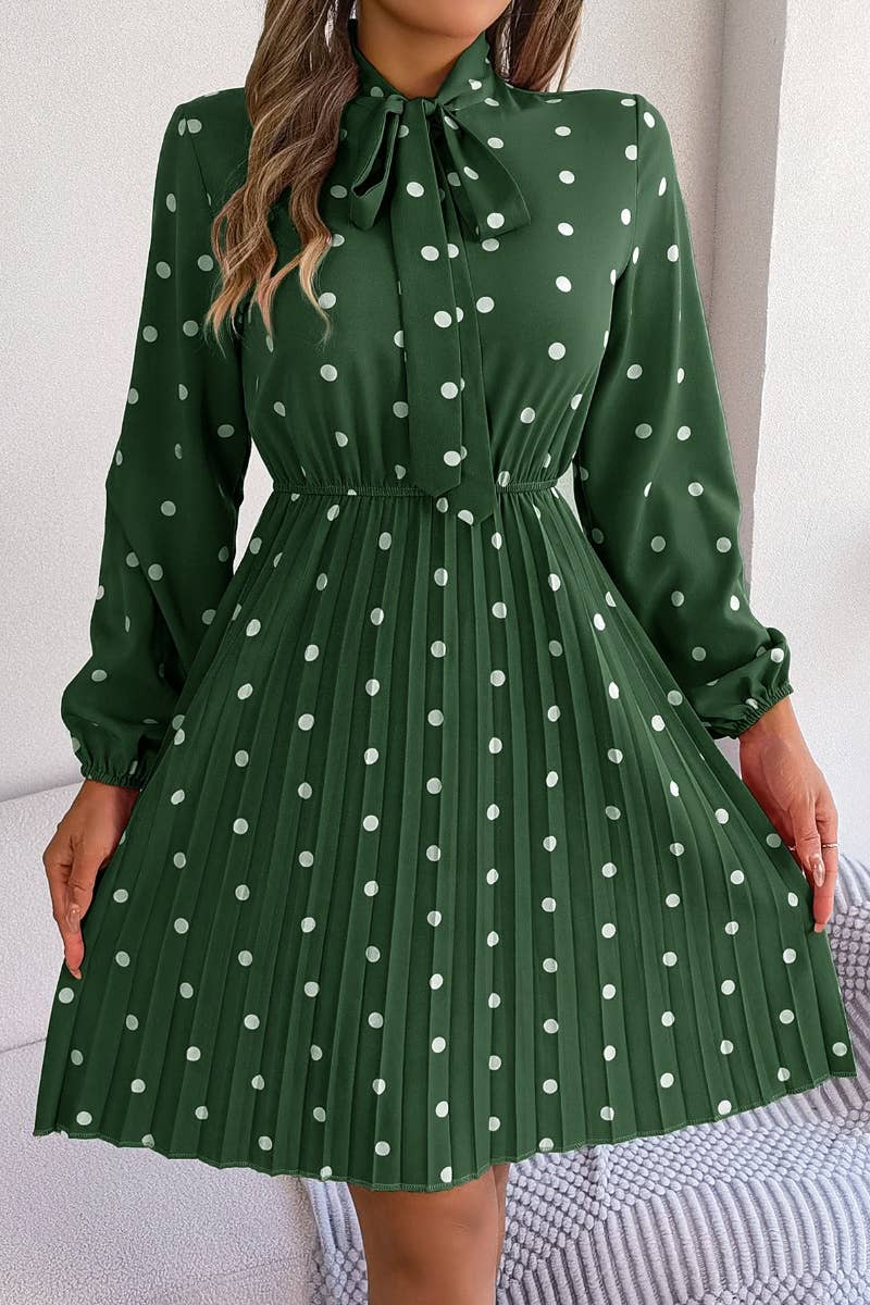 CWDSD4684_SUMMER POLKA-DOT WAIST LONG SLEEVE PLEATED DRESS