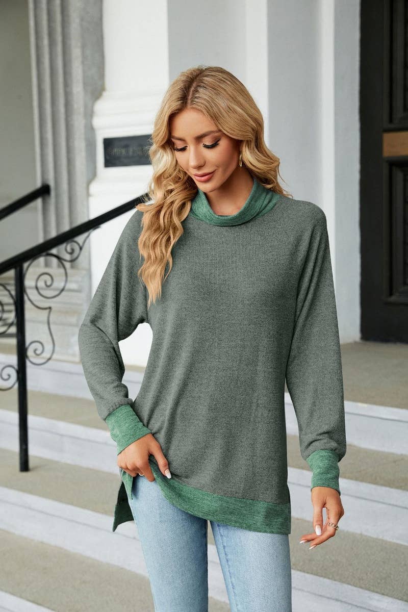 CWOSWL6537_HIGH-NECK CONTRASTING COLOR LONGSLEEVED SPLIT TOP