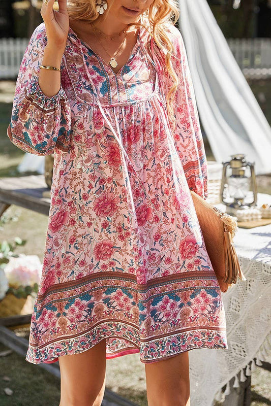 CWDSD10494_CONTRAST COLOR TIE THREE-QUARTER SLEEVE DRESS