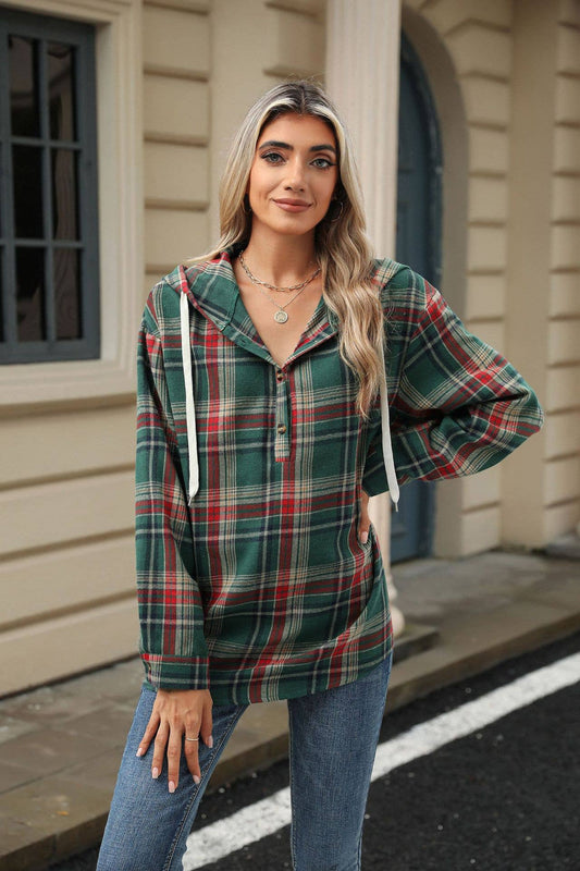 Checked hooded loose long-sleeved sweatshirt