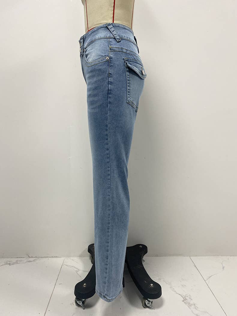 DOUBLE BUTTON MID-WAIST STRAIGHT LEG JEANS