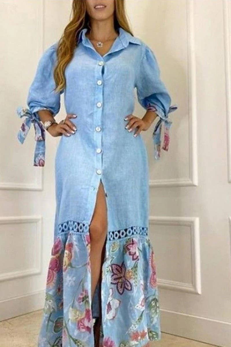 CWDMD6219_SPLICED TIE 3/4 SLEEVE SHIRT-STYLE LONG DRESS