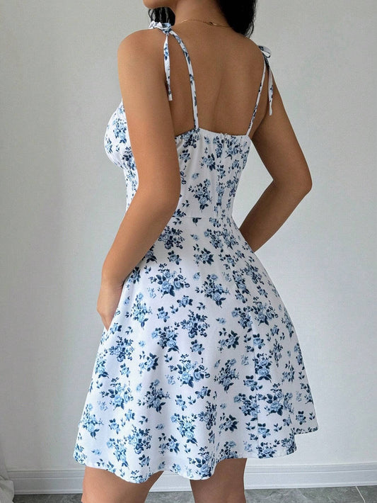 Floral short halter dress with square neckline