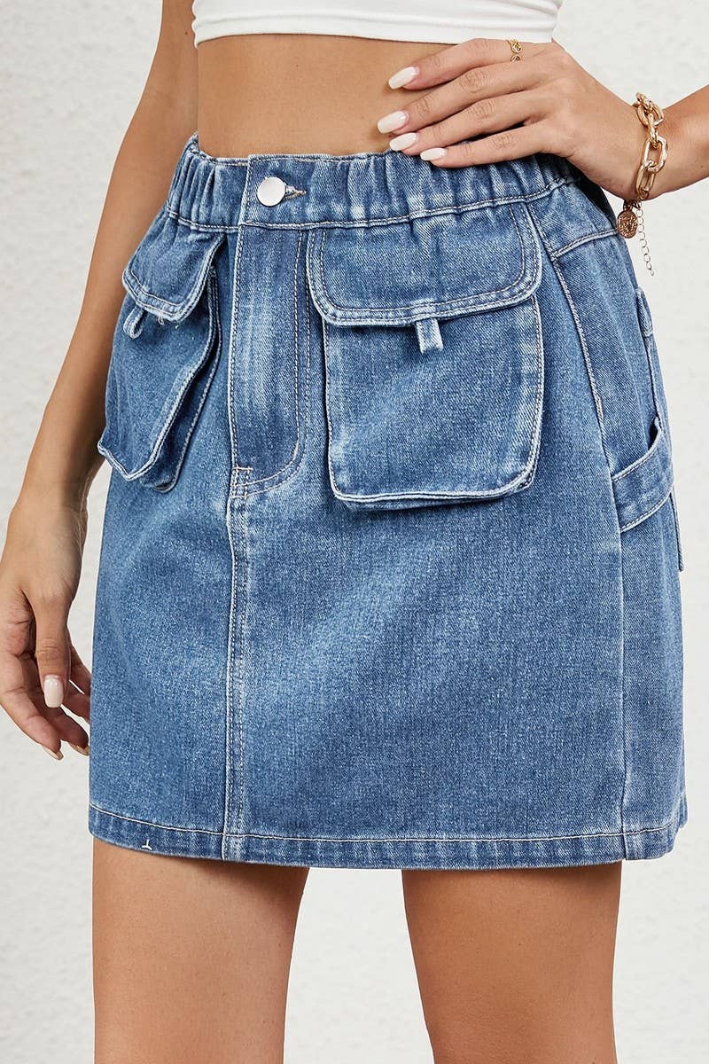 CWJSK00233_WASHED ELASTIC WAIST DENIM MINI SKIRT