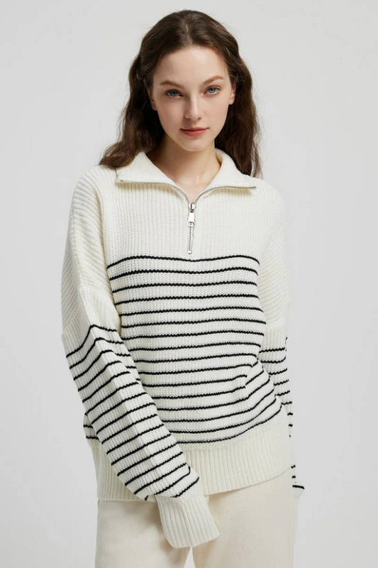 CWOSWL6266_TURTLENECK STRIPED COLORBLOCK ZIP-UP SWEATER