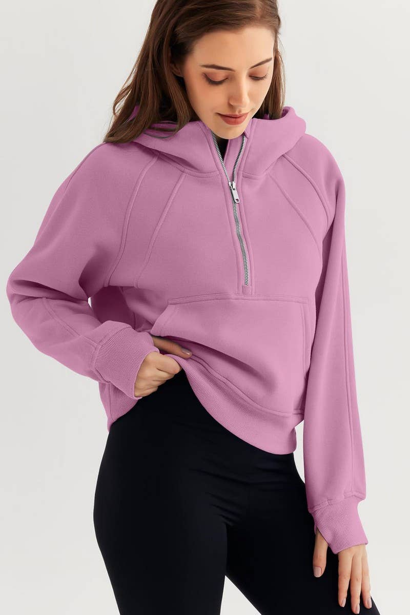 CWOHOL00598_SOLID COLOR CASUAL HALF-ZIP CROPPED HOODIE