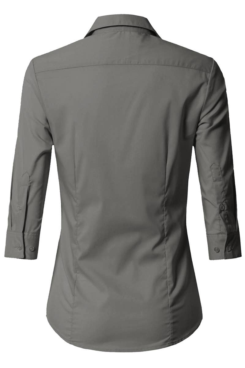 CWTSTS116_Basic Slim Fit Simple 3/4 Sleeve Button Down Shirt