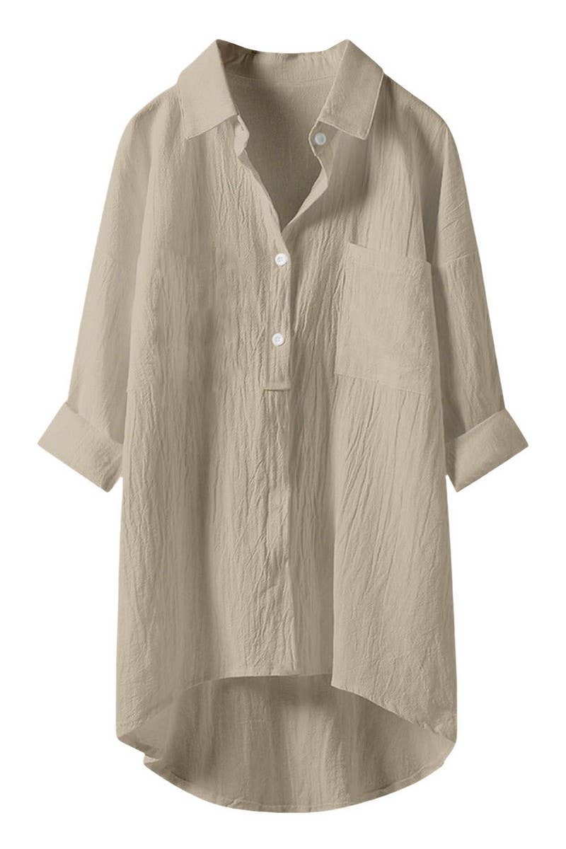 CWTSTL2876_SOLID COLOR HIGH AND LOW COTTON AND LINEN SHIRT