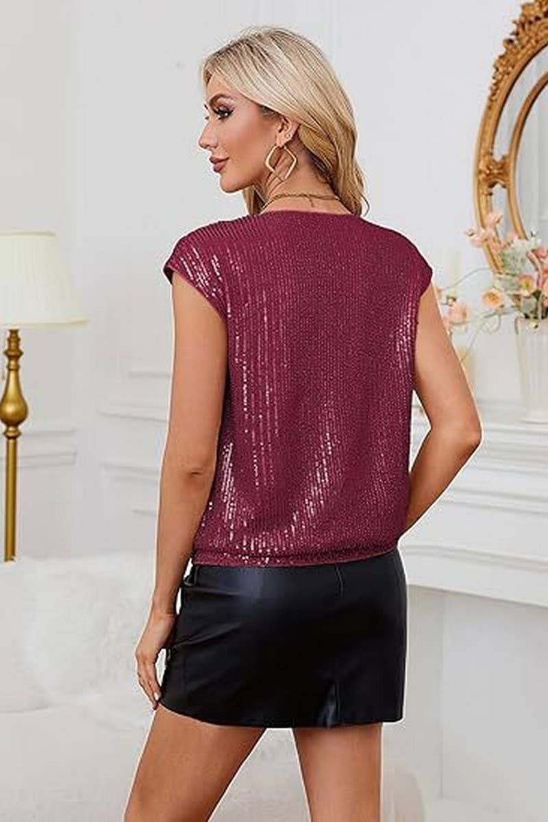 CWTTS1387_RAGLAN SLEEVE SEQUINED SLIM V-NECK SOLID COLOR TOP
