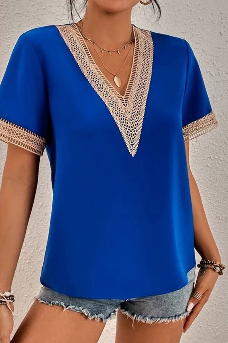 CWTBLS0826_V-NECK LACE CASUAL SOLID COLOR SHIRT