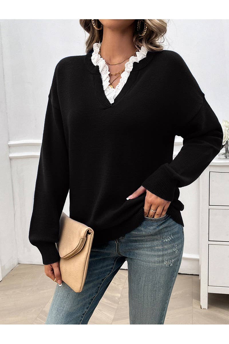 CWOSWL2648_Loose V-Neck Long Sleeved Pullover Sweater