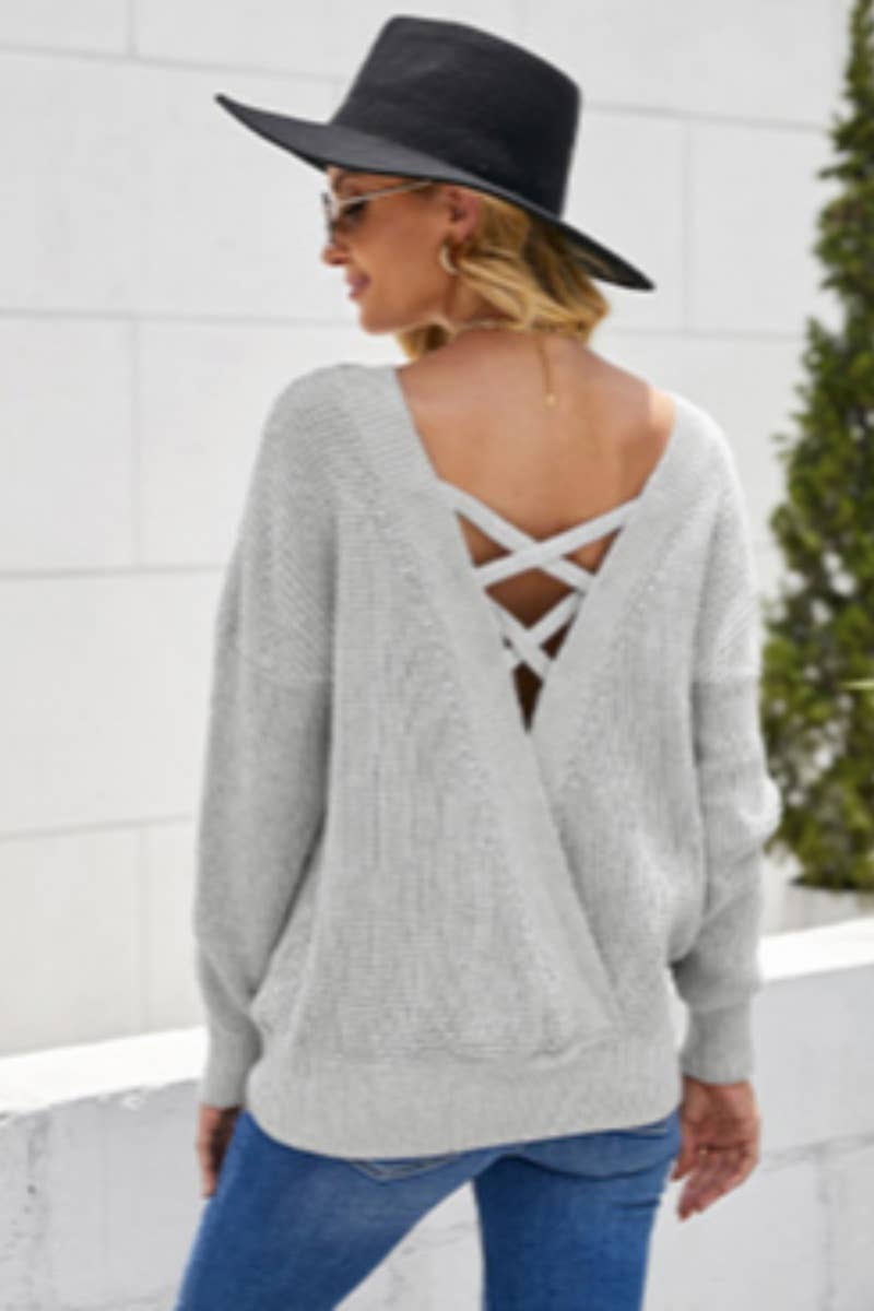 CWOSWL6676_CREW-NECK BACKLESS LONG-SLEEVED KNIT TOP