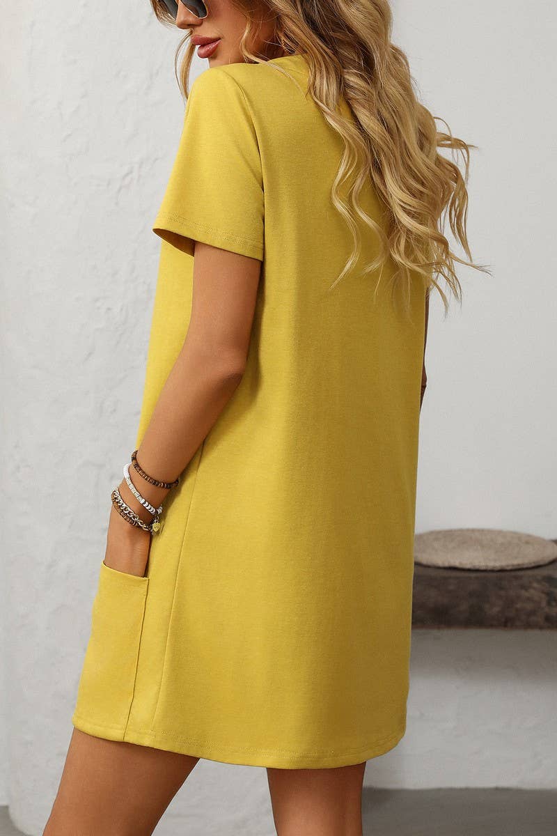 CWDSD7257_SOLID COLOR SQUARE NECK POCKET SHORT SLEEVE DRESS