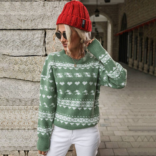 Crew-neck red knit Christmas snowflake sweater