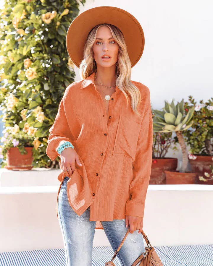 BAT-SLEEVED CASUAL SOLID COLOR LONG-SLEEVED SHIRT