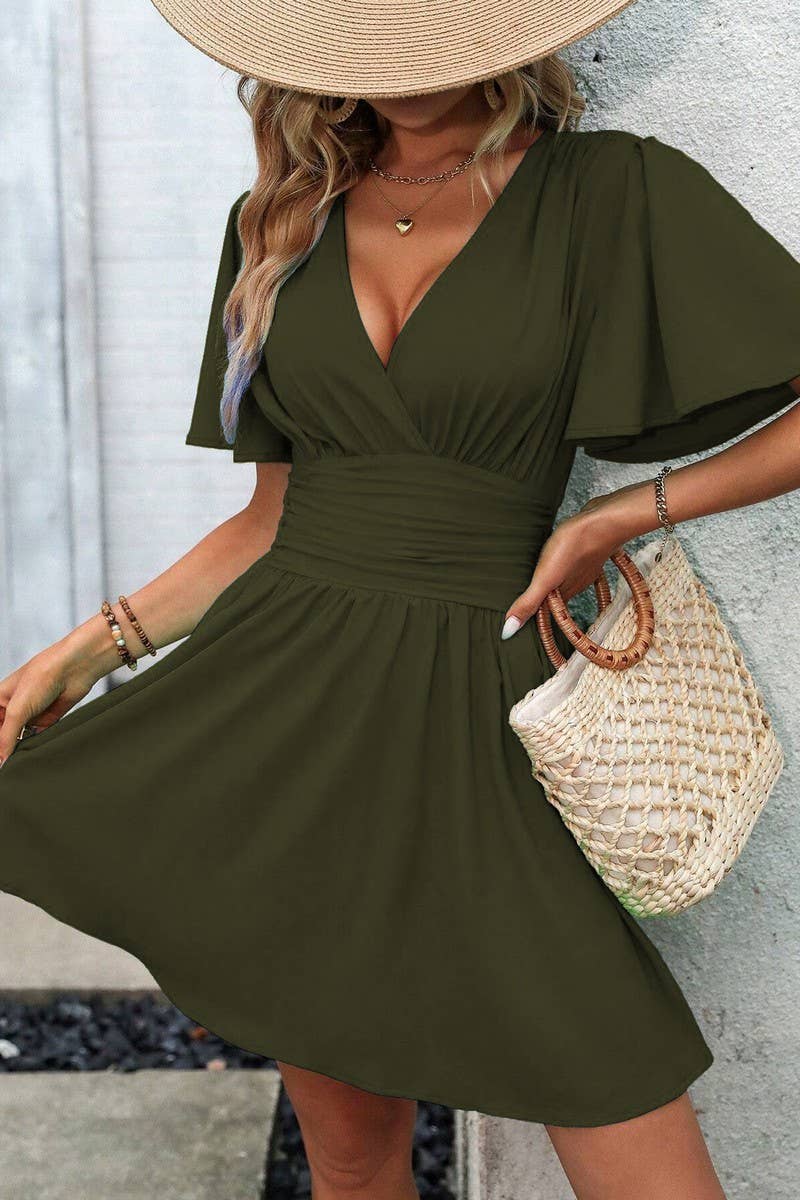 CWDSD7143_V-NECK LOTUS LEAF SLEEVE SOLID COLOR SKIRT DRESS