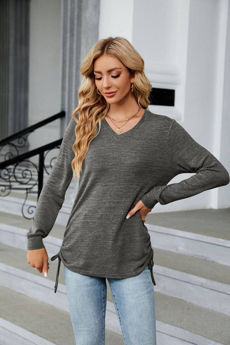 CWTBLL3662_WOMEN'S V-NECK PLEATED LONG SLEEVED LOOSE T-SHIRT