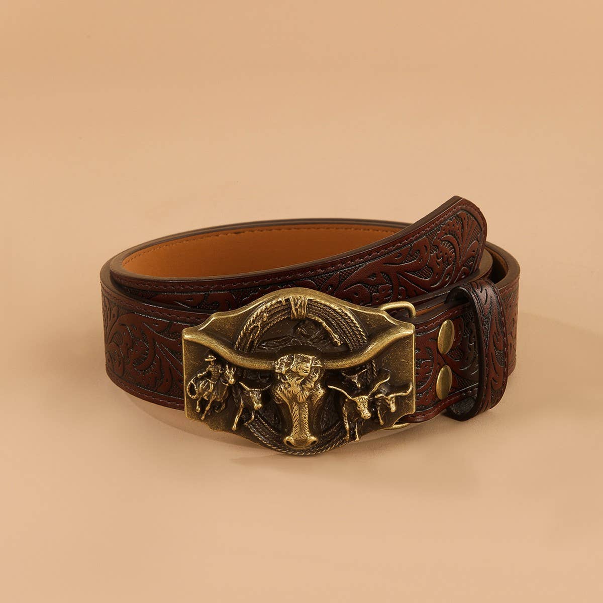 VINTAGE EMBOSSED BELT ENGRAVED BULL HEAD STYLE BELT