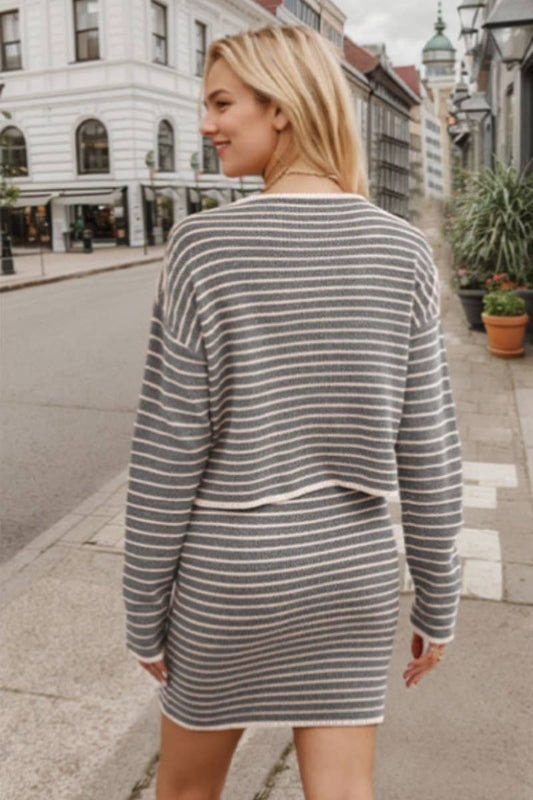 CWSS1049_AUTUMN STRIPED LONG SLEEVE CARDIGAN SKIRT SUIT