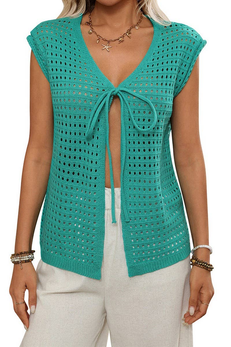 CWTTS1369_BOHEMIAN HOLLOW KNIT CARDIGAN LACE-UP BLOUSE