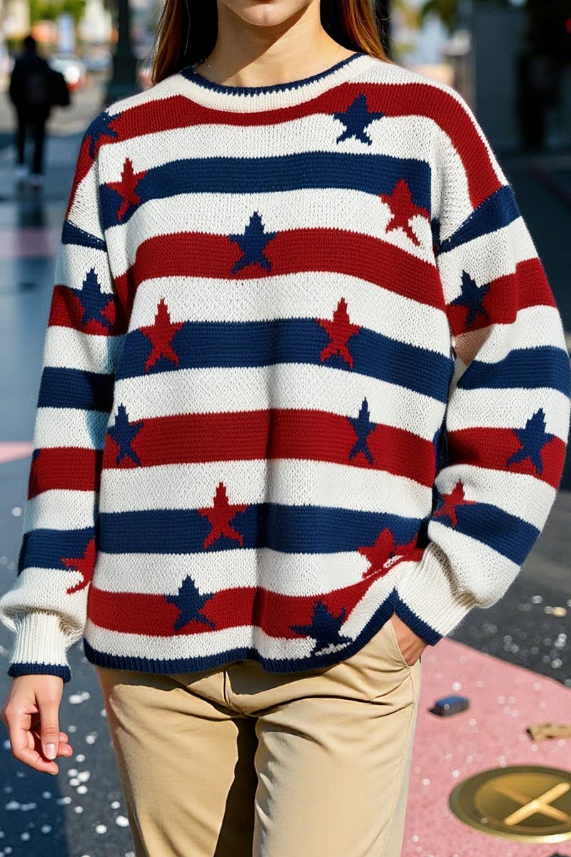 CWOSWL07090_FASHION LOOSE LONG-SLEEVED STRIPED SWEATER