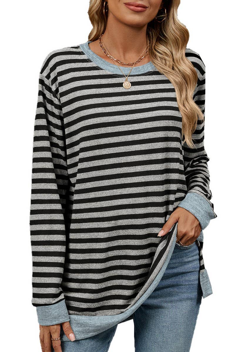 CWTBLL2354_ROUND NECK STRIPED COLORBLOCK LOOSE T-SHIRT TOP
