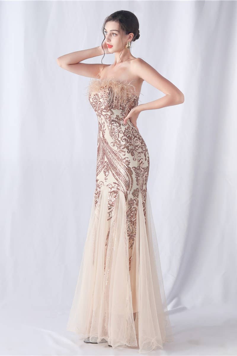 CWDMD3628_FURRY STRAPLESS SEQUIN EVENING DRESS LONG