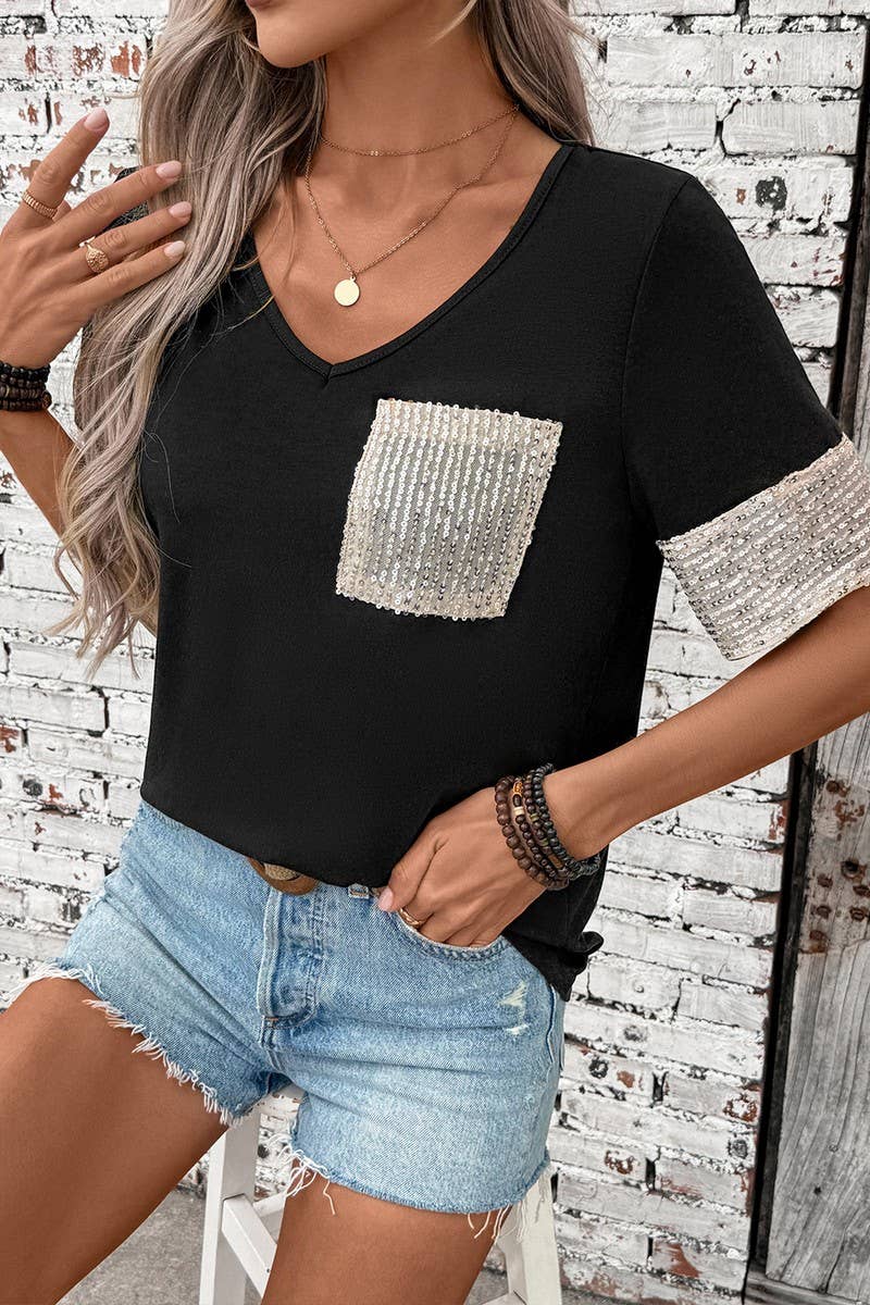 CWTBLS1993_CASUAL BLACK & WHITE COLORBLOCK SEQUIN T-SHIRT