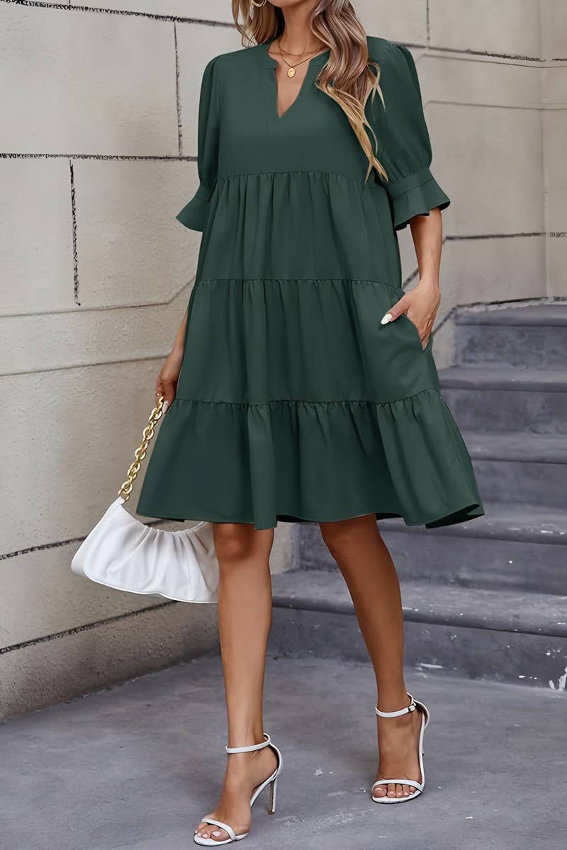 CWDSD10631_FASHIONABLE V-NECK SOLID COLOR LOOSE DRESS