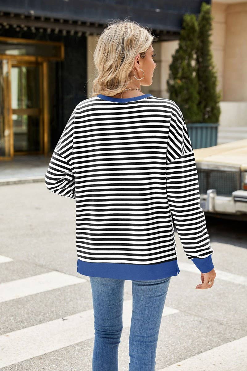 CWTBLL3746_CONTRAST COLOR SLIT LOOSE STRIPED SWEATSHIRT