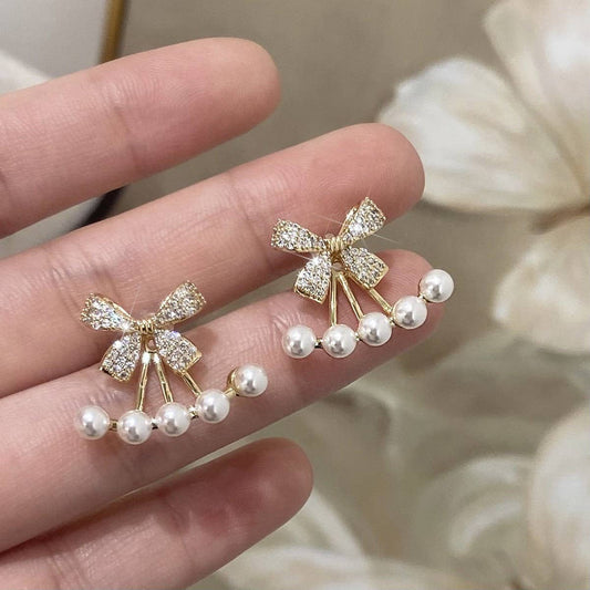 SWEET PEARL INLAID BOW ONE PAIR TWO WEAR EARRINGS