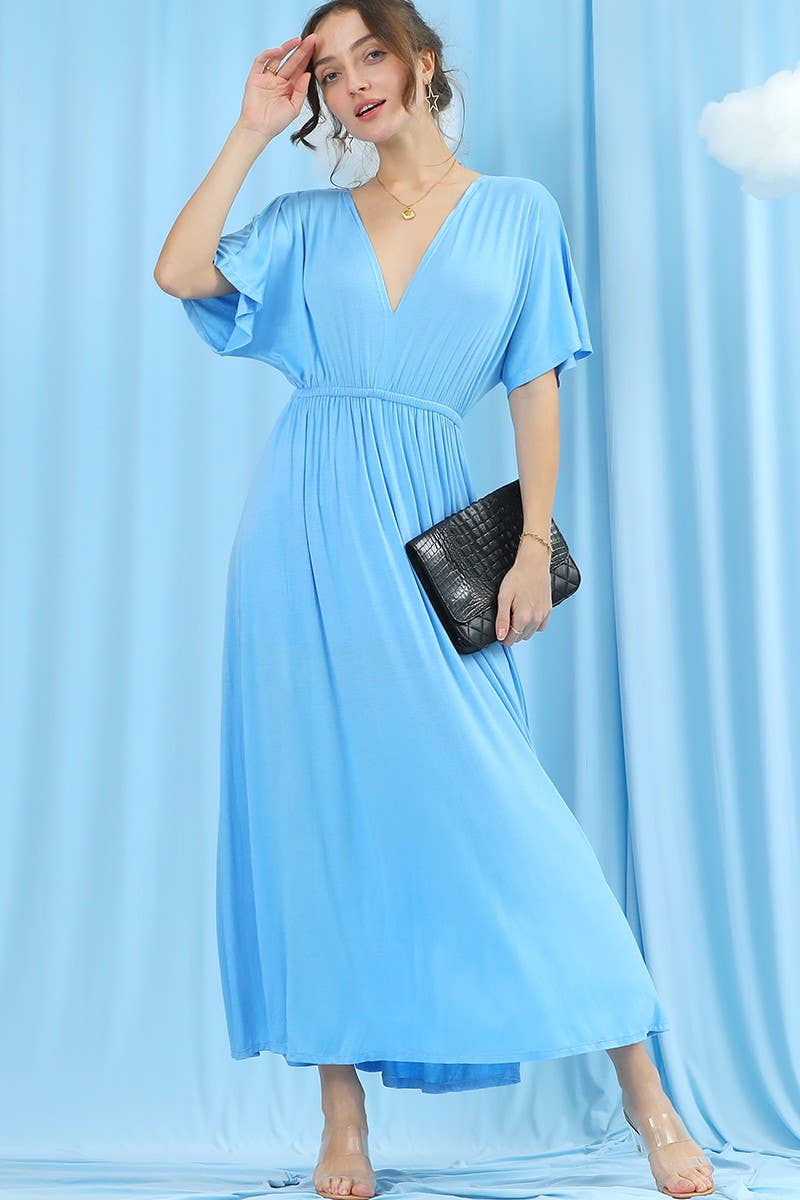 CWDMD825_V NECK BACK BOW TIE EMPIRE MAXI DRESS