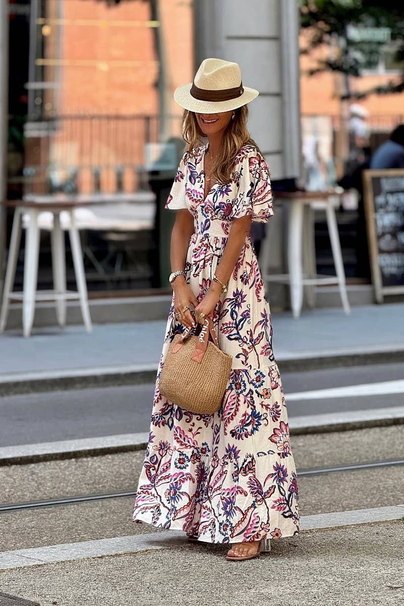 CWDMD6482_FLORAL V-NECK RUFFLE SLEEVE BELTED DRESS