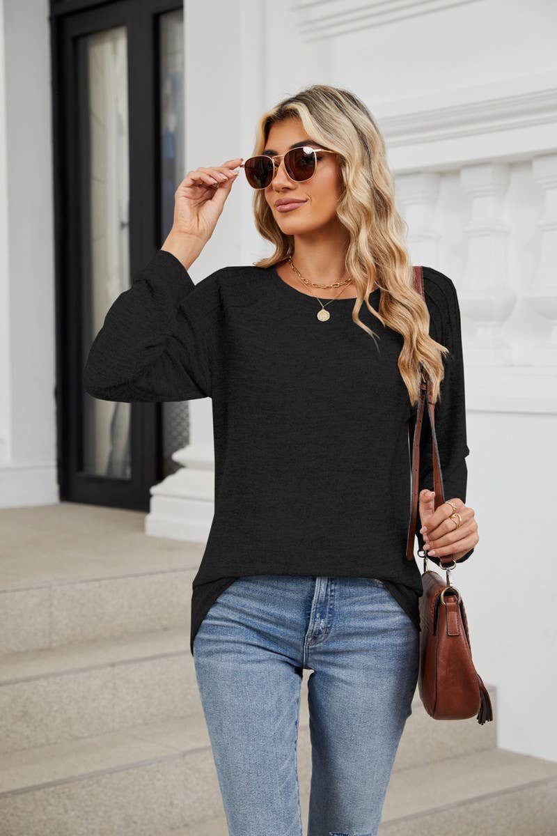 CWTBLL1863_SOLID COLOR ROUND NECK LOOSE LONG SLEEVE TOP