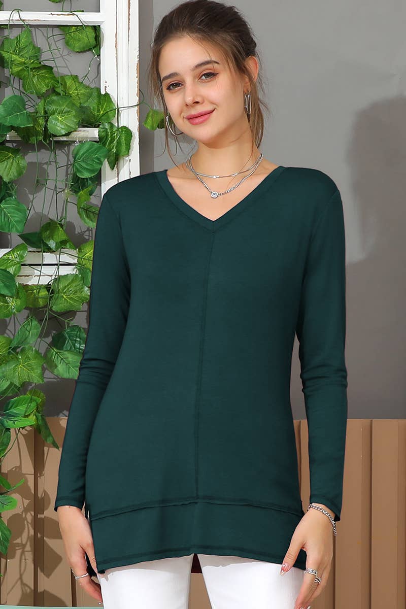 CWTTL968_LONG SLEEVE V NECK SIDE CUT OUT TUNIC TOP